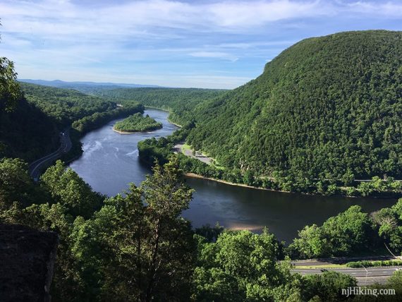 View of a river going through the Delaware Water Gap.