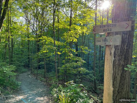 Wooden trail signs on a post next to a path.