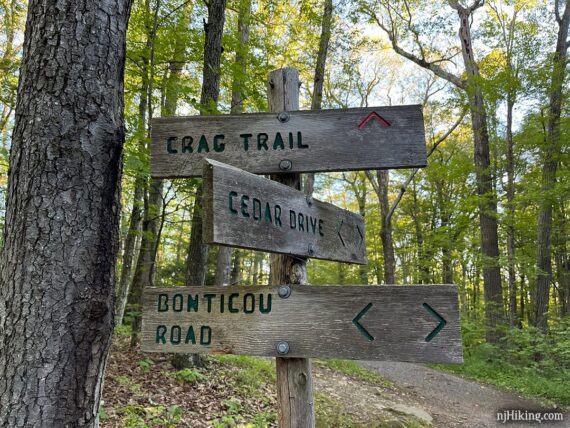 Trail sign for Crag Trail, Cedar Drive, and Bonticou Road.