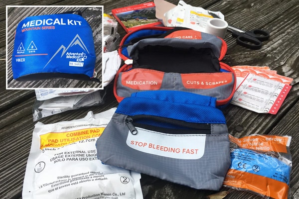 Contents of a hiker first aid kit.