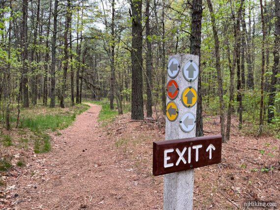 Trail marker post with round colored arrows and a wooden exit sign.