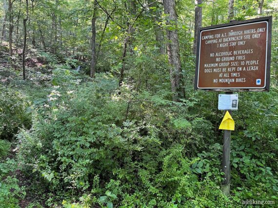 AT camping sign by an overgrown trail with Laurel Falls in the distance.