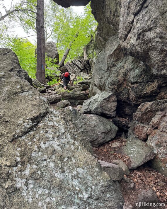 Hiker on a very rocky trail approaching a scramble.