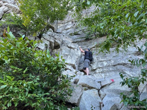 Hiker approaching a tall rock scramble.