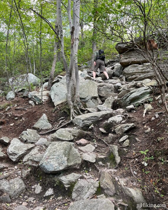 Hiker going up a steep rocky trail.